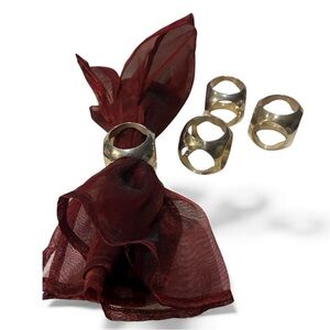 Set/4 Heavy Silver Metal 6 Sided Napkin Rings Mid Century Modern Holiday Decor